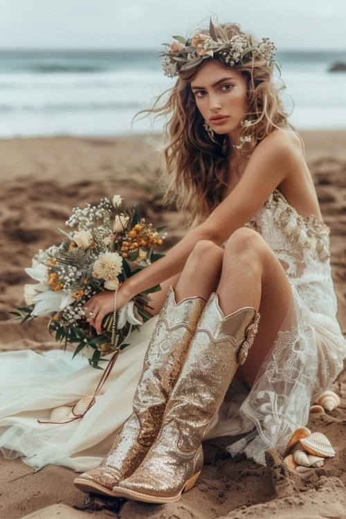 a woman wears sparkly cowboy boots and a lace white dress