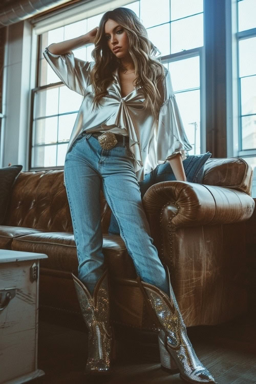 a woman wears sparkly cowboy boots, jeans and a silver top