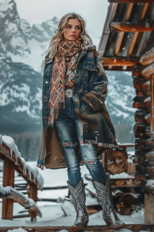 a woman wears sparkly cowboy boots, jeans with a long jean jacket