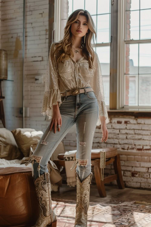 a woman wears sparkly cowboy boots, ripped jeans and a blouse