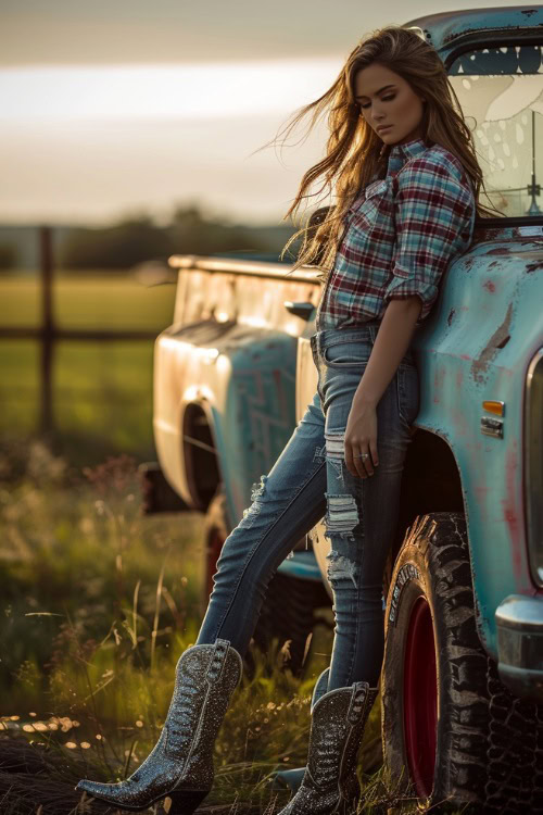 a woman wears sparkly cowboy boots, ripped jeans and a plaid shirt