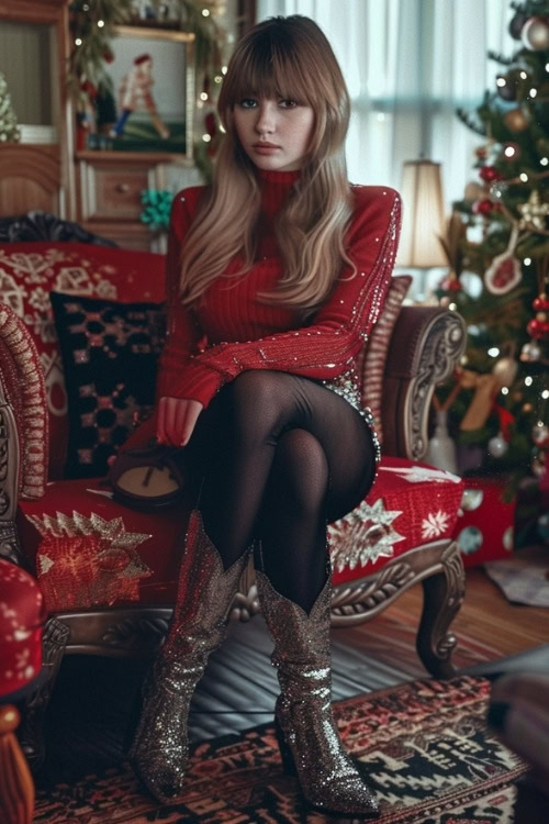 a woman wears sparkly cowboy boots, tight and a red sweater dress