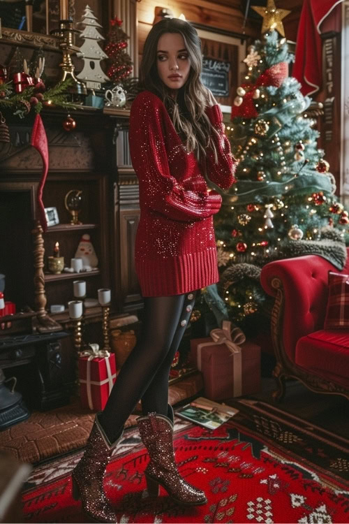 a woman wears sparkly cowboy boots, tights and a red sweater dress