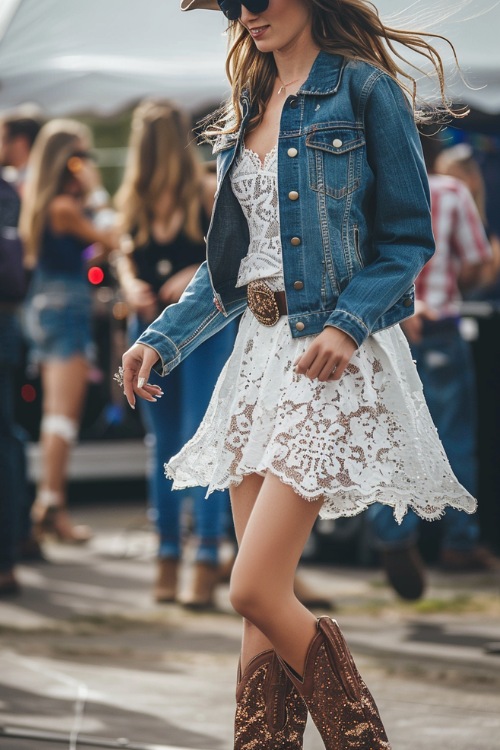 a woman wears sparkly cowboy boots with a lace flowy dress and a denim jacket