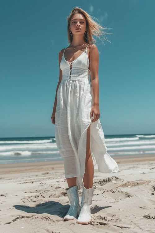 a woman wears sparkly cowboy boots with a white long dress on the beach