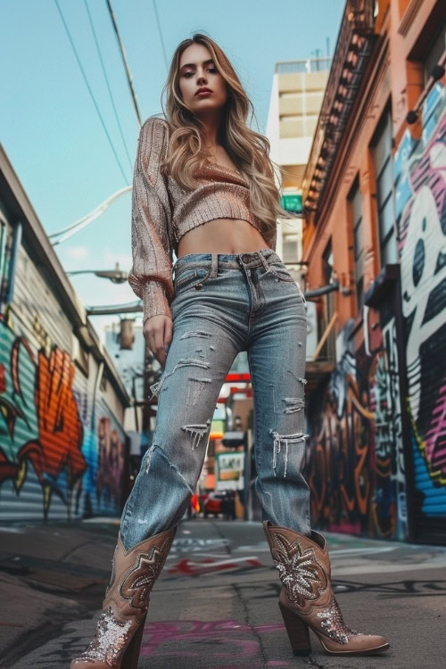 a woman wears sparkly cowboy boots with ripped jeans and a blouse (2)