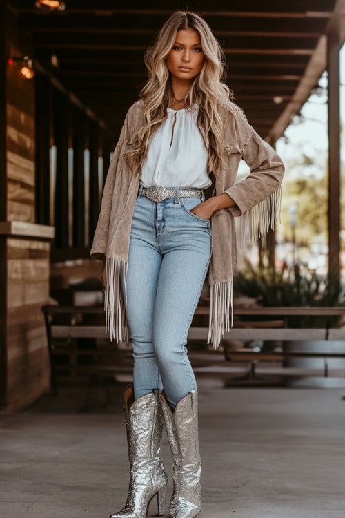 a woman wears sparkly cowboy boots with skinny jeans and a fringe jacket