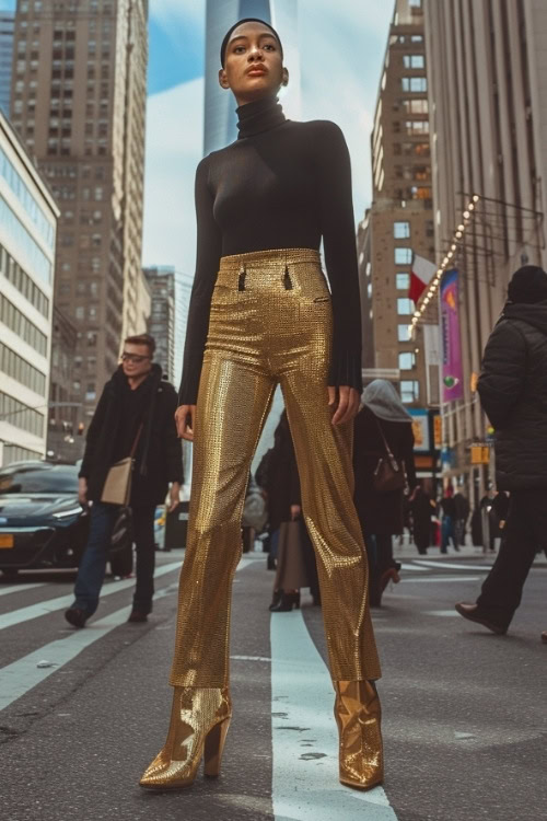 a woman wears sparkly gold cowboy boots with a turtleneck and gold pants
