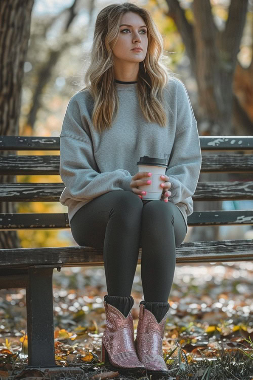 a woman wears sparkly pink cowboy boots, a grey sweater and black leggings