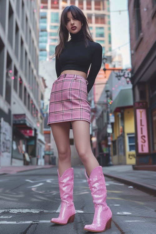 a woman wears sparkly pink cowboy boots, a turtleneck and pink skirt