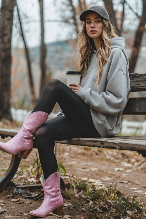 a woman wears sparkly pink cowboy boots, grey hoodie and leggings