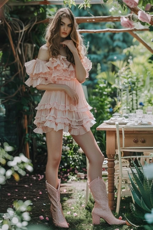 a woman wears sparkly pink cowboy boots with a pastel pink dress