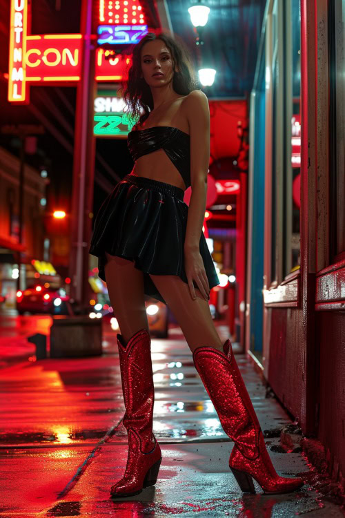 a woman wears sparkly red cowboy boots, a black top and skirt