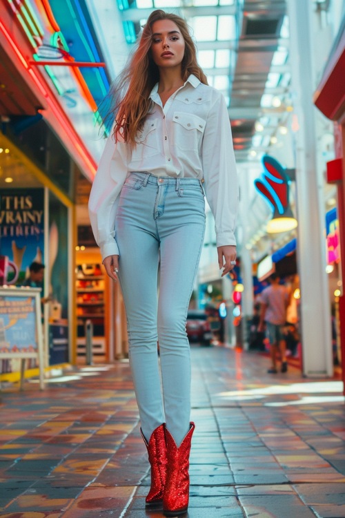 a woman wears sparkly red cowboy boots, a white shirt and jeans