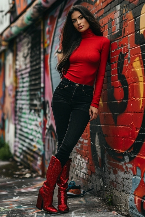 a woman wears sparkly red cowboy boots, red long-sleeved turtleneck and black jeans