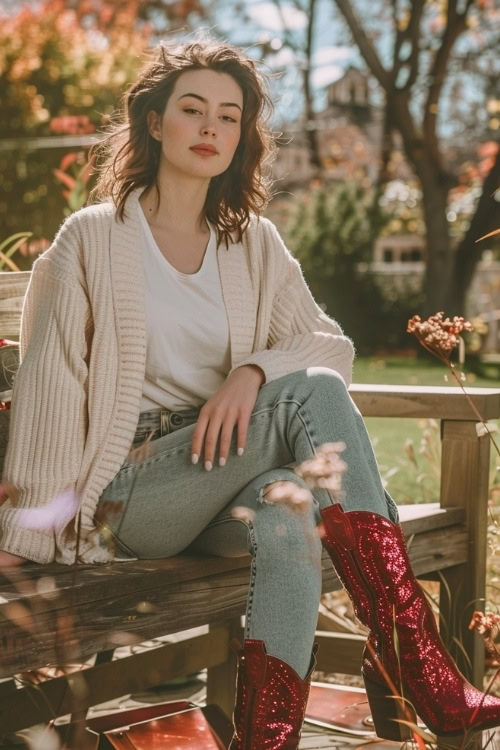 a woman wears sparkly red cowboy boots with a cardigan and jeans