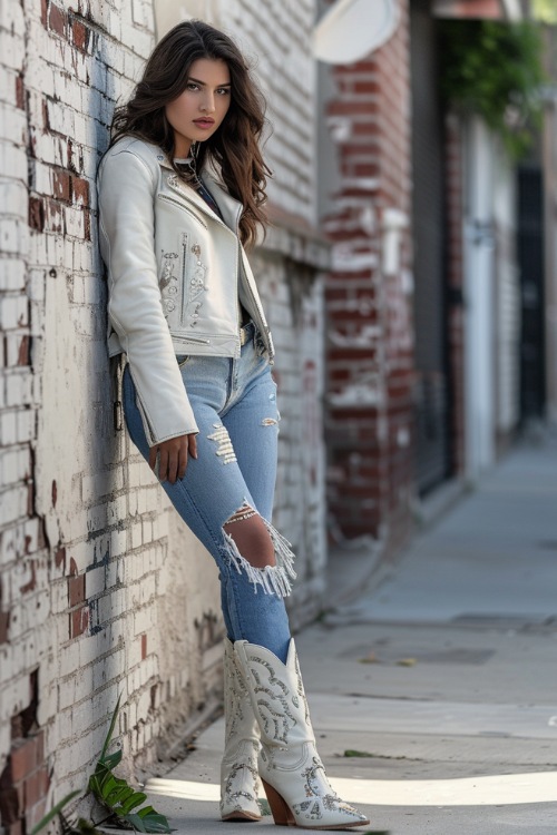 a woman wears white cowboy boots with ripped jeans and a white jacket