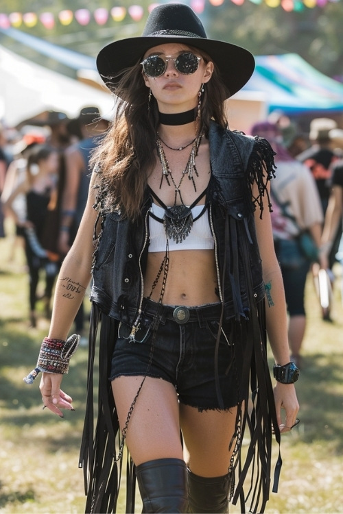 a woman wears white crop top, denim shorts, leather fringe vest and cowboy boots