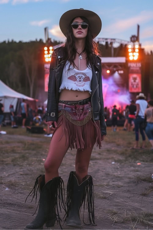 a woman wears white crop top, fringe shorts and fringe cowboy boots
