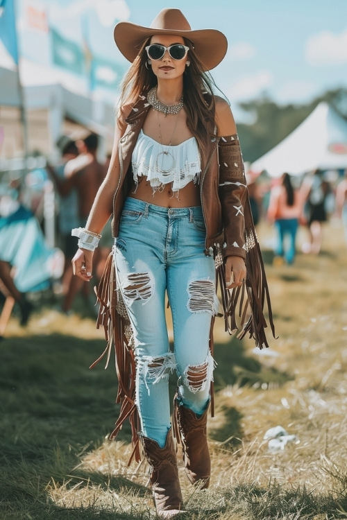 a woman wears white ruffle crop top, ripped jeans and brown cowboy boots