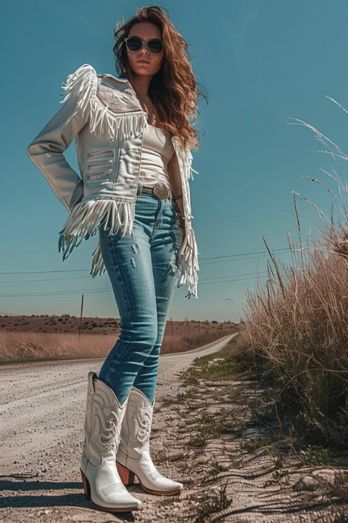 a woman wears white tank, a white fringe jacket, jeans and white cowboy boots