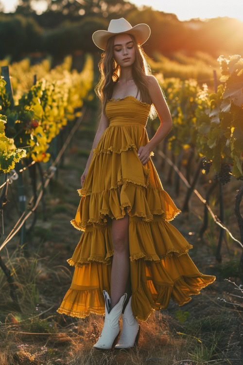 a woman wears yellow tiered maxi dress with white ankle cowboy boots