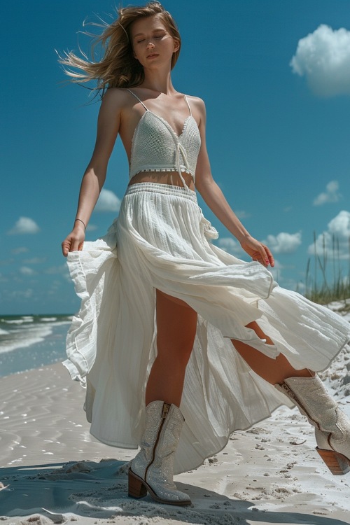 a woman wears zipper cowboy boots and a white two piece dress on the beach