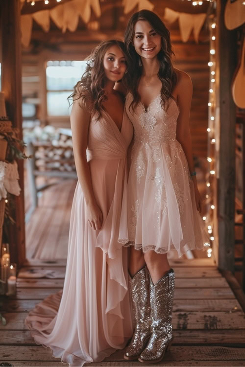 two women wears long and short blush dresses with sparkly cowboy boots