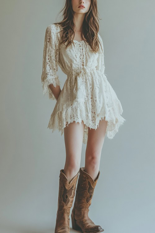 A fashion-forward woman in a vintage-inspired lace ivory dress, styled with rustic cowboy boots