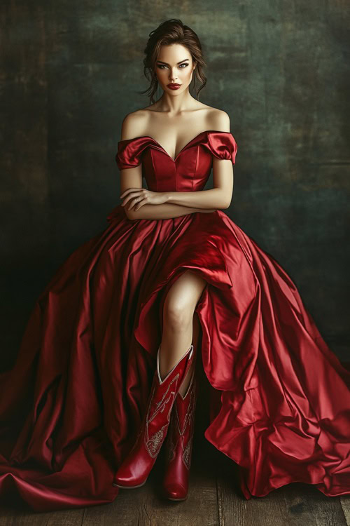 A glamorous woman in a deep red off-shoulder evening gown with cascading fabric, styled with matching red cowboy boots