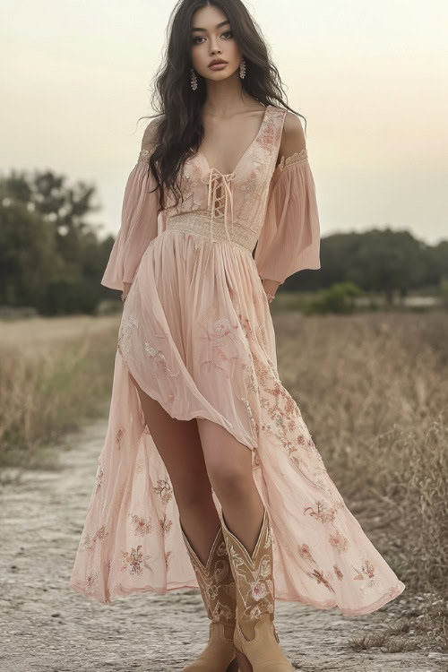 A glamorous woman in a soft blush pink maxi dress with intricate floral embroidery, styled with tan cowboy boots (2)