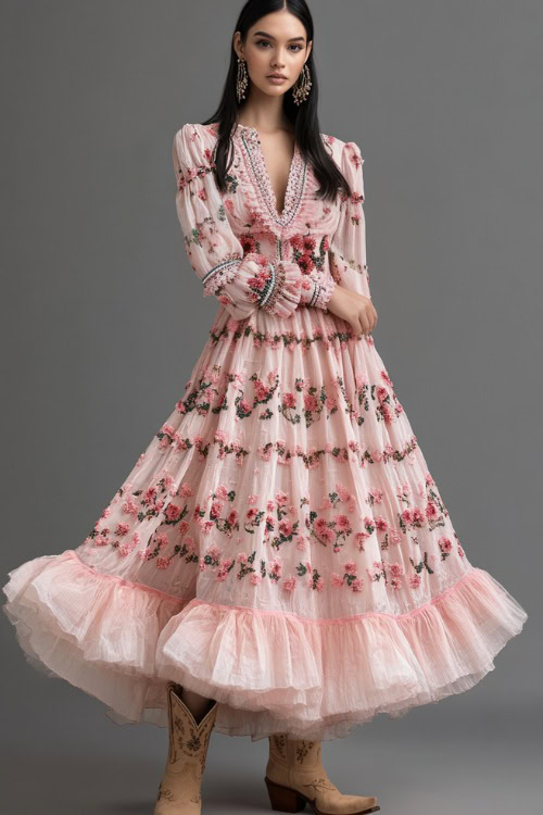 A glamorous woman in a soft blush pink maxi dress with intricate floral embroidery, styled with tan cowboy boots