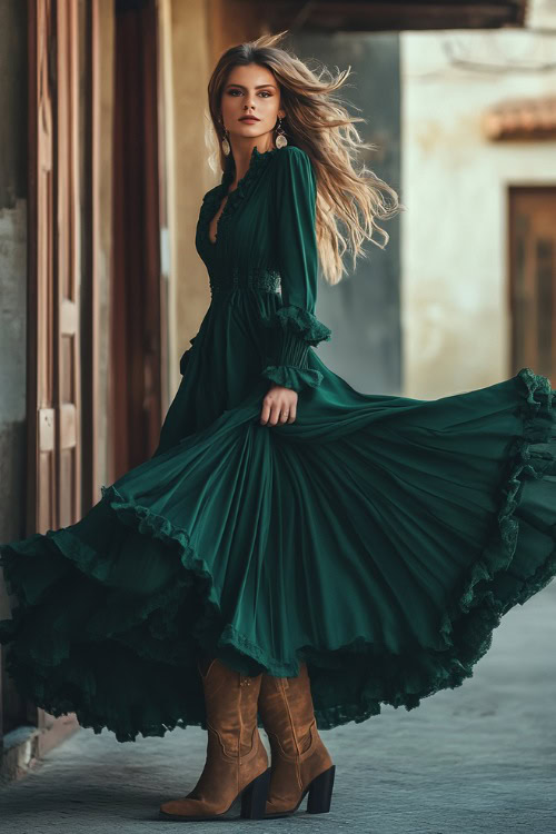 A sophisticated woman in a long emerald green evening dress with a ruffled hem, styled with brown cowboy boots