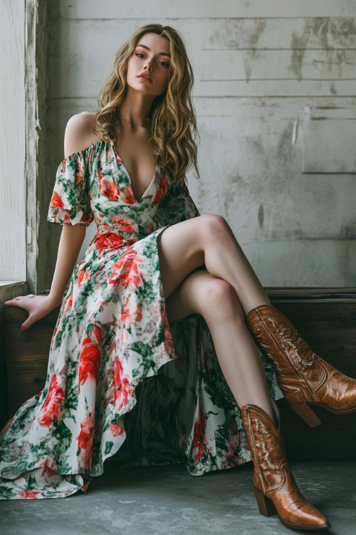 A stylish woman in a bold floral evening dress, complemented by cowboy boots, in a minimal indoor setting