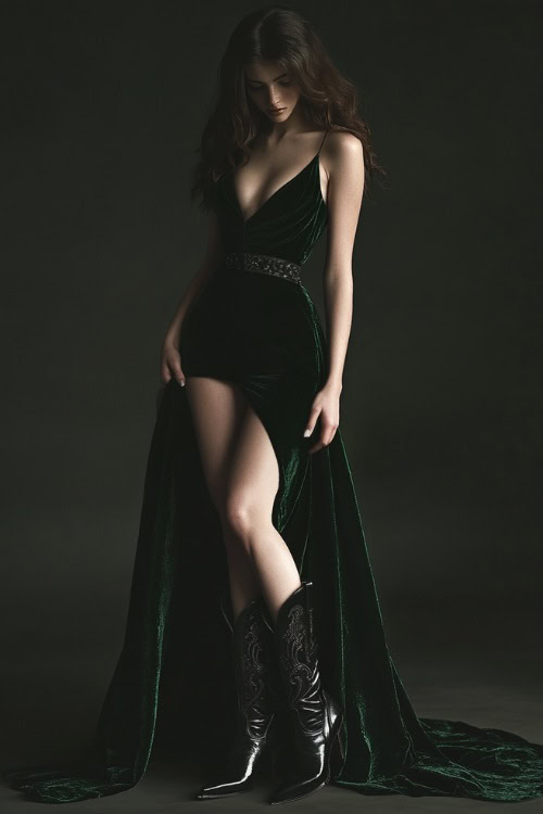 A stylish woman in a dark green velvet long evening dress with a thigh-high slit, revealing black cowboy boots