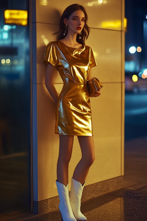 A woman dressed in a form-fitting gold midi dress with white cowboy boots, holding a small clutch, illuminated by soft evening lights (2)