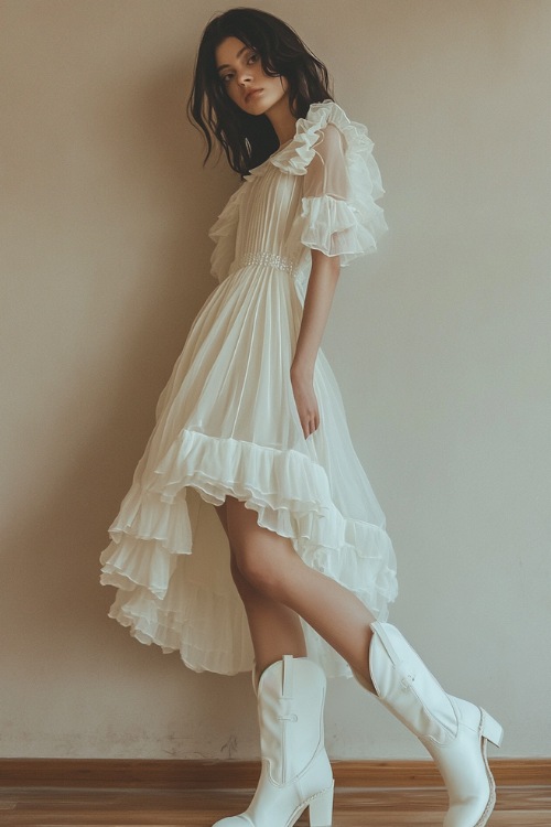 A woman in a pearl-white A-line dress with ruffled details, paired with white cowboy boots, standing against a neutral beige wall (2)