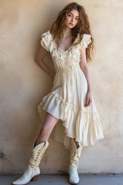 A woman in a pearl-white A-line dress with ruffled details, paired with white cowboy boots, standing against a neutral beige wall