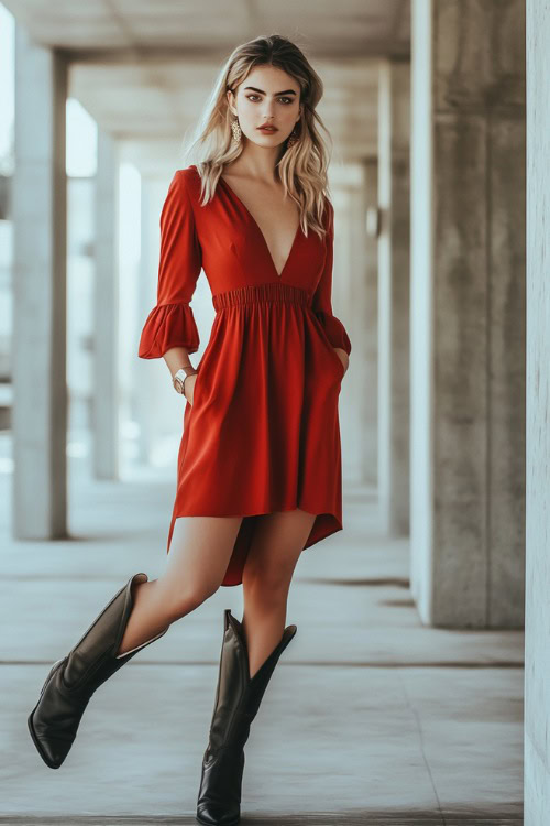 A woman in a structured red midi dress with black cowboy boots, striking a confident pose in a modern space