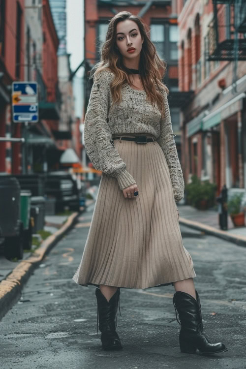 A woman wears a beige sweater, a beige pleated skirt, and black cowboy boots