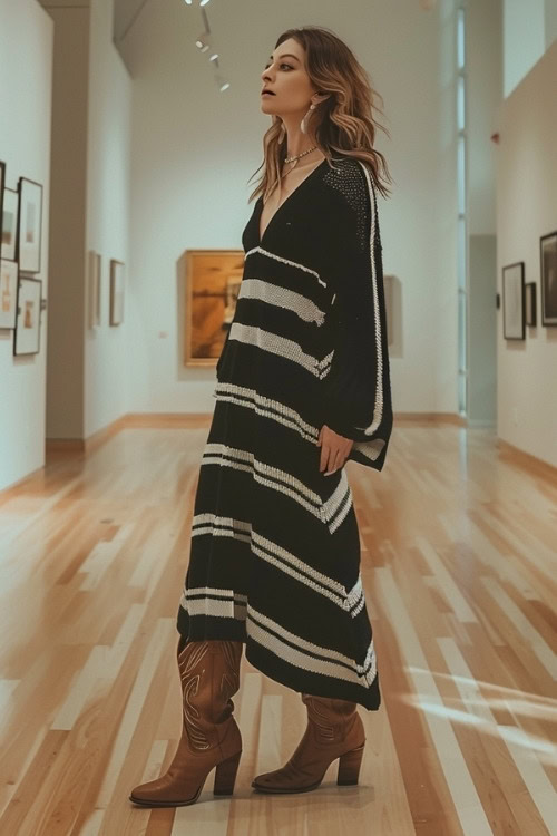 A woman wears a black white striped sweater dress and brown cowboy boots