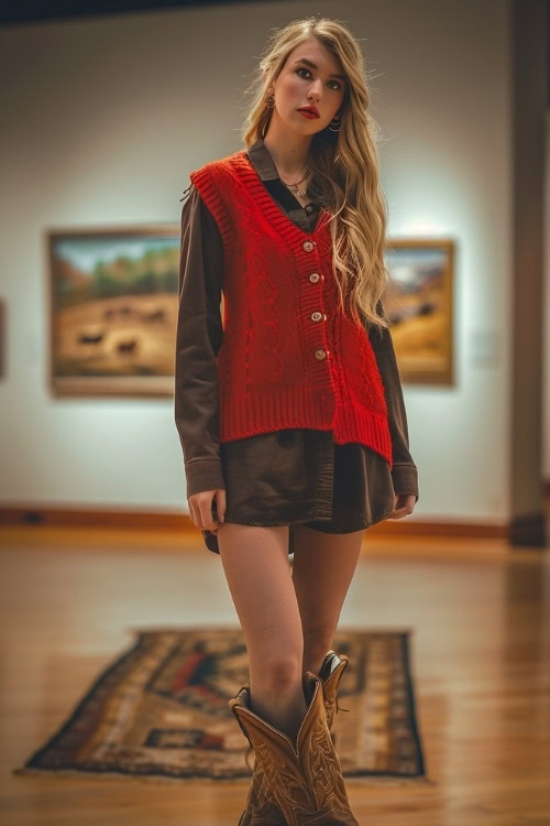 A woman wears a brown dress, a red knitted vest, and tan cowboy boots