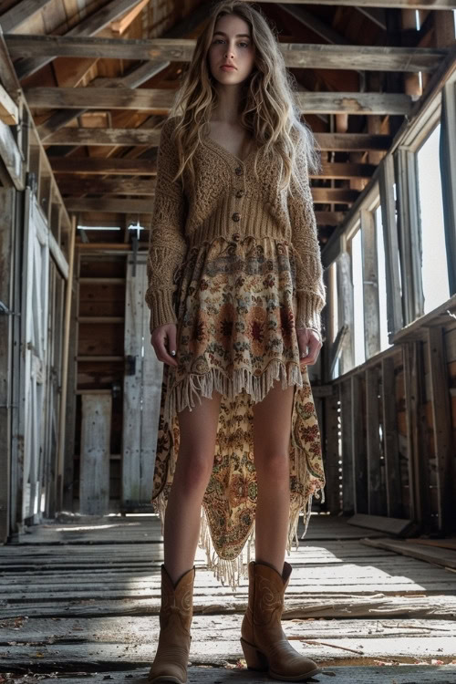 A woman wears a brown knitted cardigan, a floral high-low dress with fringed hem, and tan cowboy boots