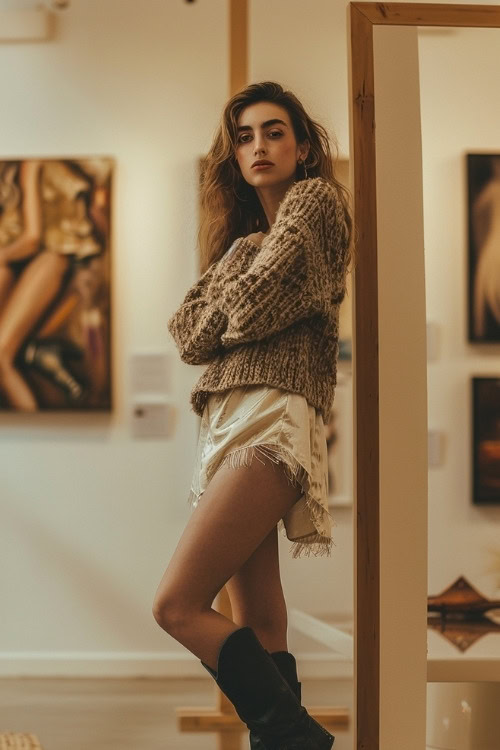 A woman wears a brown knitted sweater, a cream-colored fringed dress and black cowboy boots