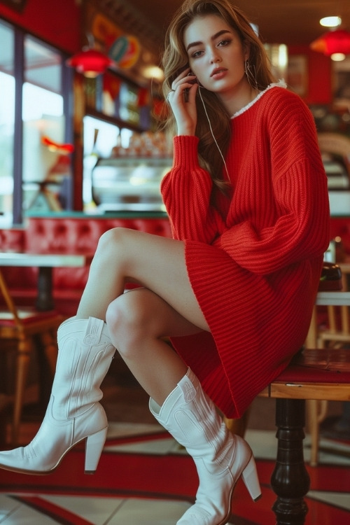 A woman wears a cool red sweater dress and white cowboy boots