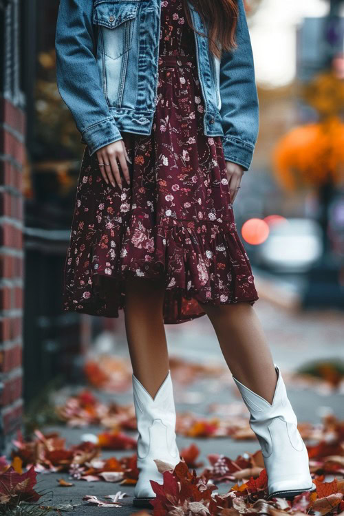 A woman wears a denim jacket, floral dress and a short white cowboy boots