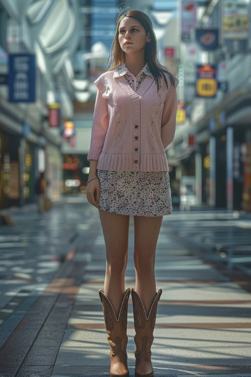 A woman wears a floral shirt dress, a pink knitted cardigan, and brown cowboy boots