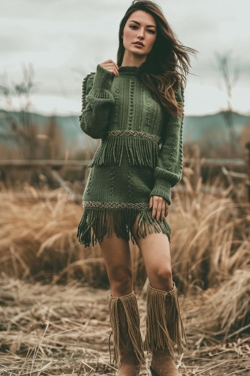 A woman wears a green fringed sweater dress and brown fringed cowboy boots