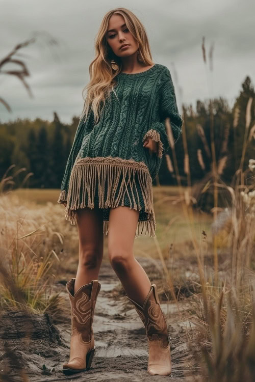 A woman wears a green fringed sweater dress and tan cowboy boots