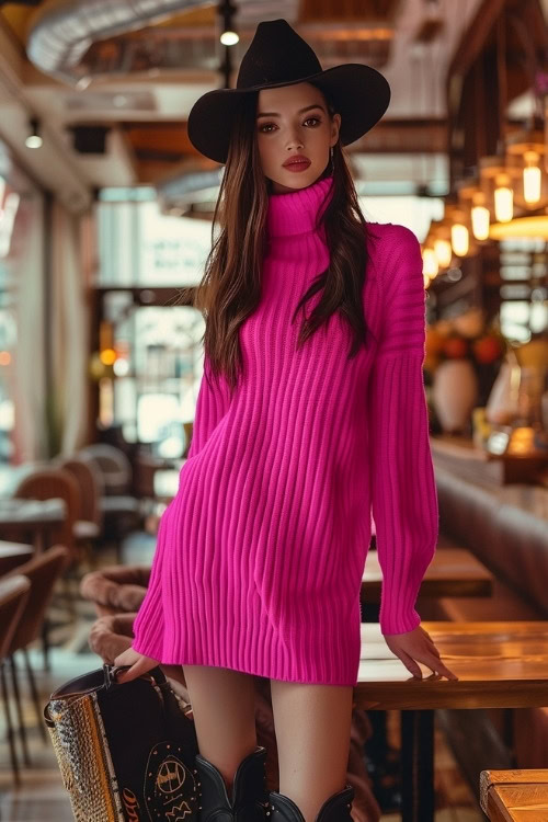 A woman wears a hot pink sweater dress, a black hat and black cowboy boots